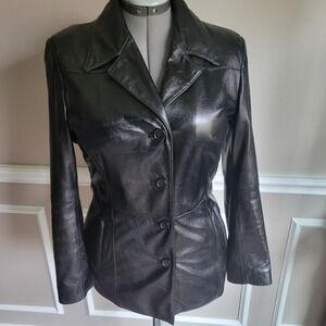 Wilsons Leather Jacket Womens Small Black Button Up Long Sleeve 90s Y2K Retro
